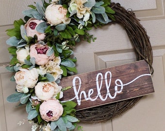 Front Door Wreaths, Spring Wreath, Hello Sign, Peony, Home Decor, Grapevine Wreath, Shabby Chic, Best Selling, Etsy Wreaths, New, Rustic