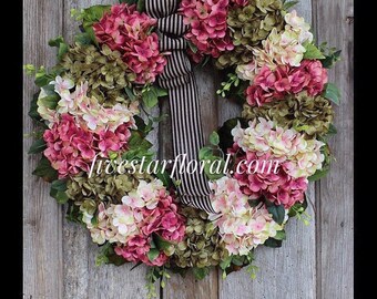 Coronas para puerta de entrada, coronas de hortensias, coronas de verano, coronas de otoño, decoración rústica y shabby chic, regalo de inauguración de la casa, coronas de Etsy, coronas