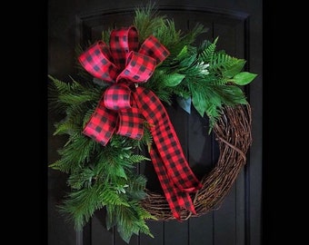 Christmas Wreath for Front Door, Farmhouse Christmas, Winter Wreath, Buffalo Plaid Christmas, Holiday Wreath, Gifts, For Her, Rustic