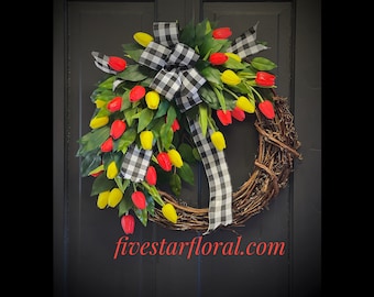 Tulip Wreaths for Front Door, Spring Wreath, Easter Wreath, Wreaths for Front Door, Grapevine Wreath, Mothers Day, Spring Tulip, Wreathes