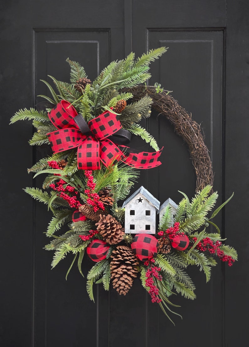 Christmas Wreath for Front Door, Buffalo Plaid Christmas Decor, Wreaths, Winter Wreath, Holiday Wreath, Housewarming Gift, Gifts image 3