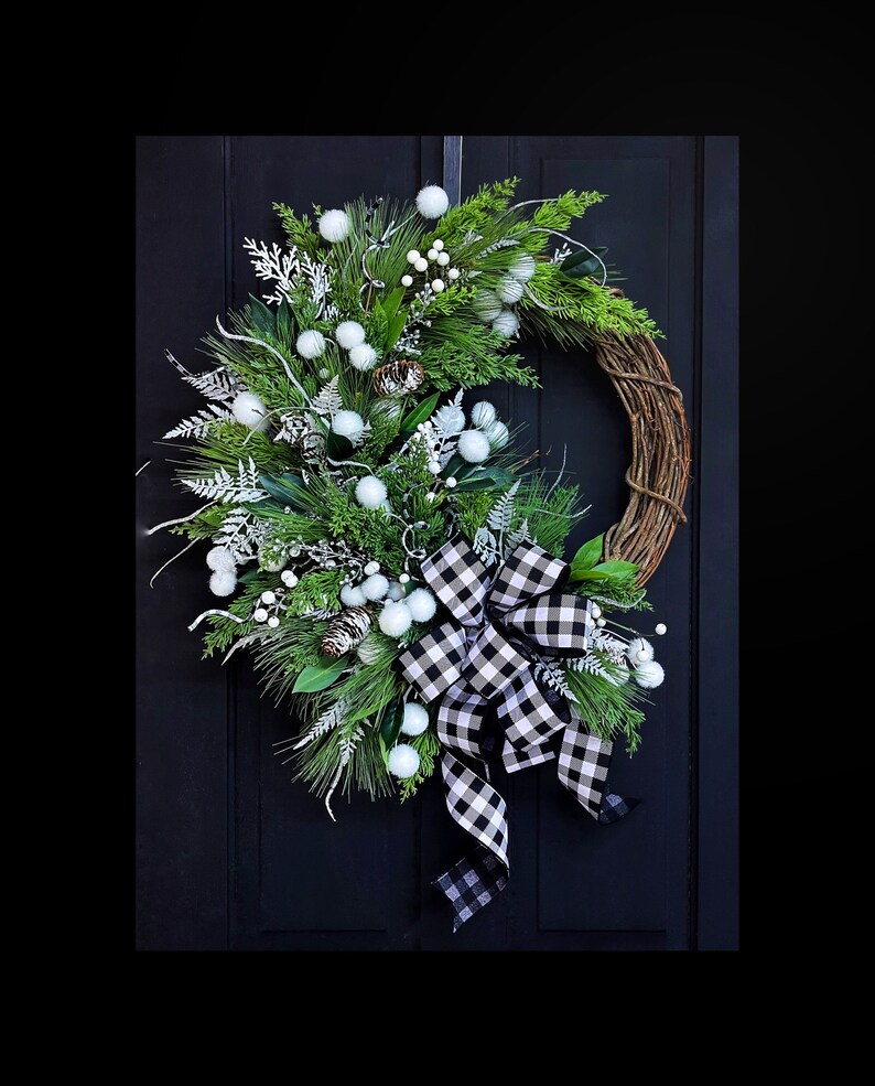 Christmas Wreath for Front Door, Farmhouse Christmas, Winter Wreath, Buffalo Plaid Christmas, Holiday Wreath, Gifts, For Her, Rustic image 1