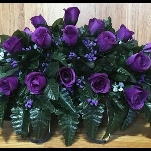 Headstone Saddle, Cemetery Flowers, Grave Decoration, Memorial Arrangement, Purple Roses, Birthday, For Her, For Him, For Mom, Sympathy