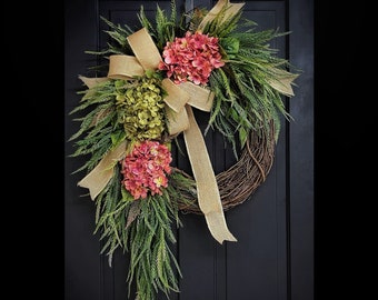 Spring Wreaths, Year Round Wreath, Everyday Wreaths, Hydrangea Wreath, Front Door Wreaths, Farmhouse Decor, Housewarming Gift,