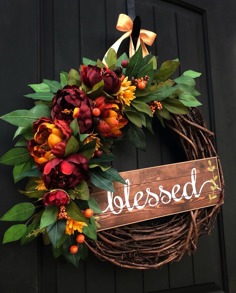 Fall Door Wreath With Blessed Sign, Autumn Wreaths, Blessed Wreath ...