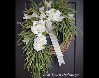 Spring Wreath, Everyday Wreaths, Hydrangea Wreath, With Greenery, Front Door Wreaths, Farmhouse Decor, Housewarming Gift, Unique, Home Decor