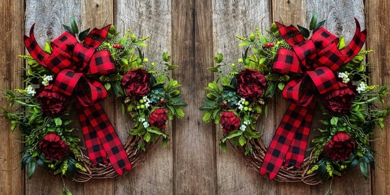 Double Door Christmas Wreaths Farmhouse Decor Buffalo Check Bow Plaid Ribbon Home Decor Housewarming Gift Holiday Decorations Wreaths