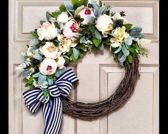 Spring Front Door Wreaths with Peony and Lambs Ear, Spring Wreath, Peonies, Shabby Chic