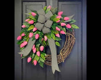 Tulip Wreaths for Front Door, Spring Wreath, Easter Wreath, Wreaths for Front Door, Grapevine Wreath, Mothers Day, Spring Tulip, Wreathes