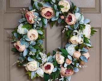 Front Door Wreaths, Spring Wreath, Summer, Home Decor, Peony, Peonies, Lambs Ear, Housewarming Gift, Birthday, Easter, Mother's Day, Gifts