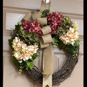 Front Door Wreaths, Spring Wreaths, Hydrangea Wreath, Grapevine Wreath, Country, Shabby Chic, Home Decor, Housewarming Gifts, New Home Gift