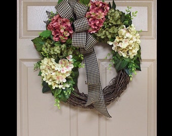 Front Door Wreaths, Spring Wreath, Hydrangea Wreaths, Grapevine Wreath, Country, Shabby Chic, Home Decor, Housewarming Gifts, For Her