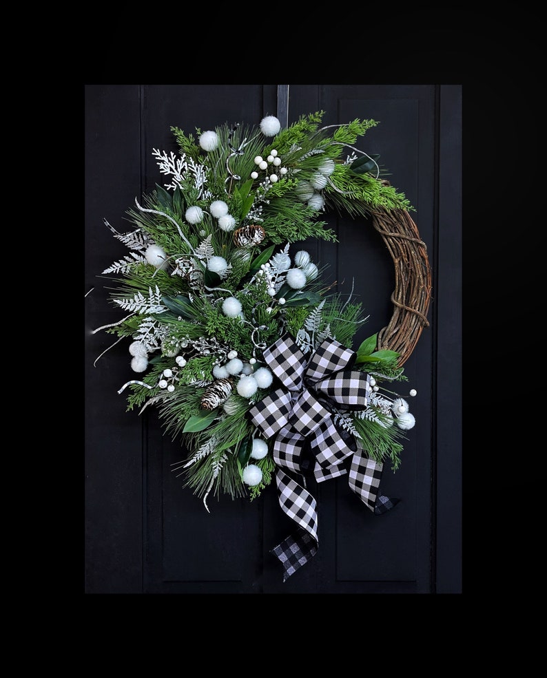 Christmas Wreath for Front Door, Farmhouse Christmas, Winter Wreath, Buffalo Plaid Christmas, Holiday Wreath, Gifts, For Her, Rustic image 7