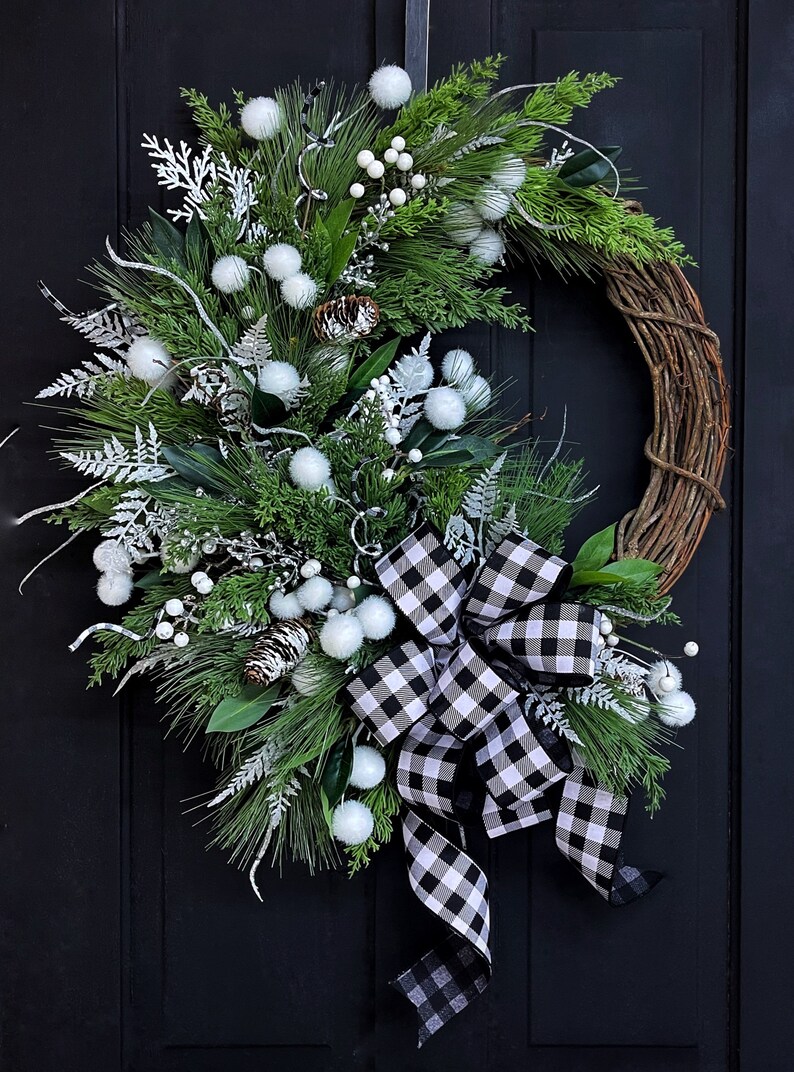 Christmas Wreath for Front Door, Farmhouse Christmas, Winter Wreath, Buffalo Plaid Christmas, Holiday Wreath, Gifts, For Her, Rustic image 3