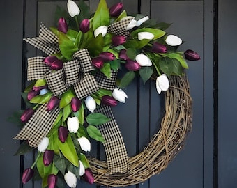 Tulip Wreaths for Front Door, Spring Wreath, Easter Wreath, Wreaths for Front Door, Grapevine Wreath, Mothers Day, Spring Tulip, Wreathes