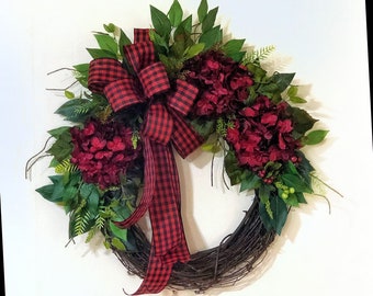 Front Door Wreaths, Year Round Door Wreath, For Valentine's Day, Hydrangea Wreath, Grapevine Wreaths, Rustic, Farmhouse, Buffalo Plaid Decor