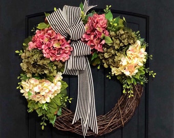 Year Round Door Wreaths, with Hydrangea, Grapevine Wreath, for Spring, for Summer, Year Round