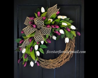 Tulip Wreaths for Front Door, Spring Wreath, Easter Wreath, Wreaths for Front Door, Grapevine Wreath, Mothers Day, Spring Tulip, Wreathes