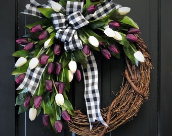 Tulip Wreaths for Front Door, Spring Wreath, Easter Wreath, Wreaths for Front Door, Grapevine Wreath, Mothers Day, Spring Tulip, Wreathes