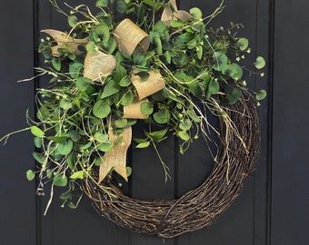 Spring Wreath for Front Door, Farmhouse Wreath, Greenery, Burlap Bow, Minimalist, Wreaths, Housewarming Gift, Gifts, Wreathe