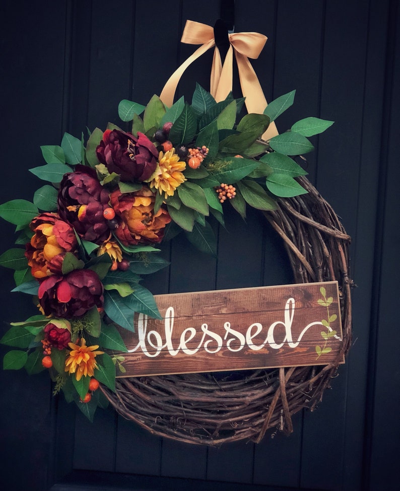 Fall Door Wreath With Blessed Sign, Autumn Wreaths, Blessed Wreath ...