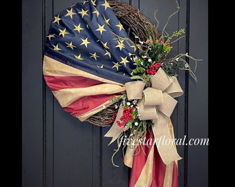 Flag Wreath, Summer Wreaths, Fourth of July,  Independence Day, Patriotic, Housewarming Gifts, Unique, Best seller