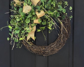 Spring Wreath for Front Door, Farmhouse Wreath, Greenery, Burlap Bow, Minimalist, Wreaths, Housewarming Gift, Gifts, Wreathe
