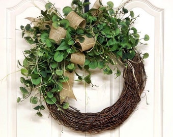 Spring Grapevine Wreath for Front Door, Farmhouse Style, Greenery Wreaths, With Bow, Simple, Country, Rustic