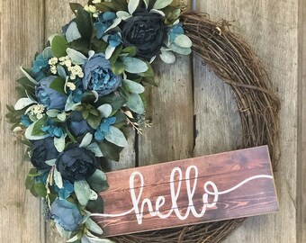 Fall Wreaths for front Door, Autumn Wreath, Hello Sign, Peony Wreath, Peonies, Shabby Chic Decor, Rustic, Country, Housewarming Gift, Etsy