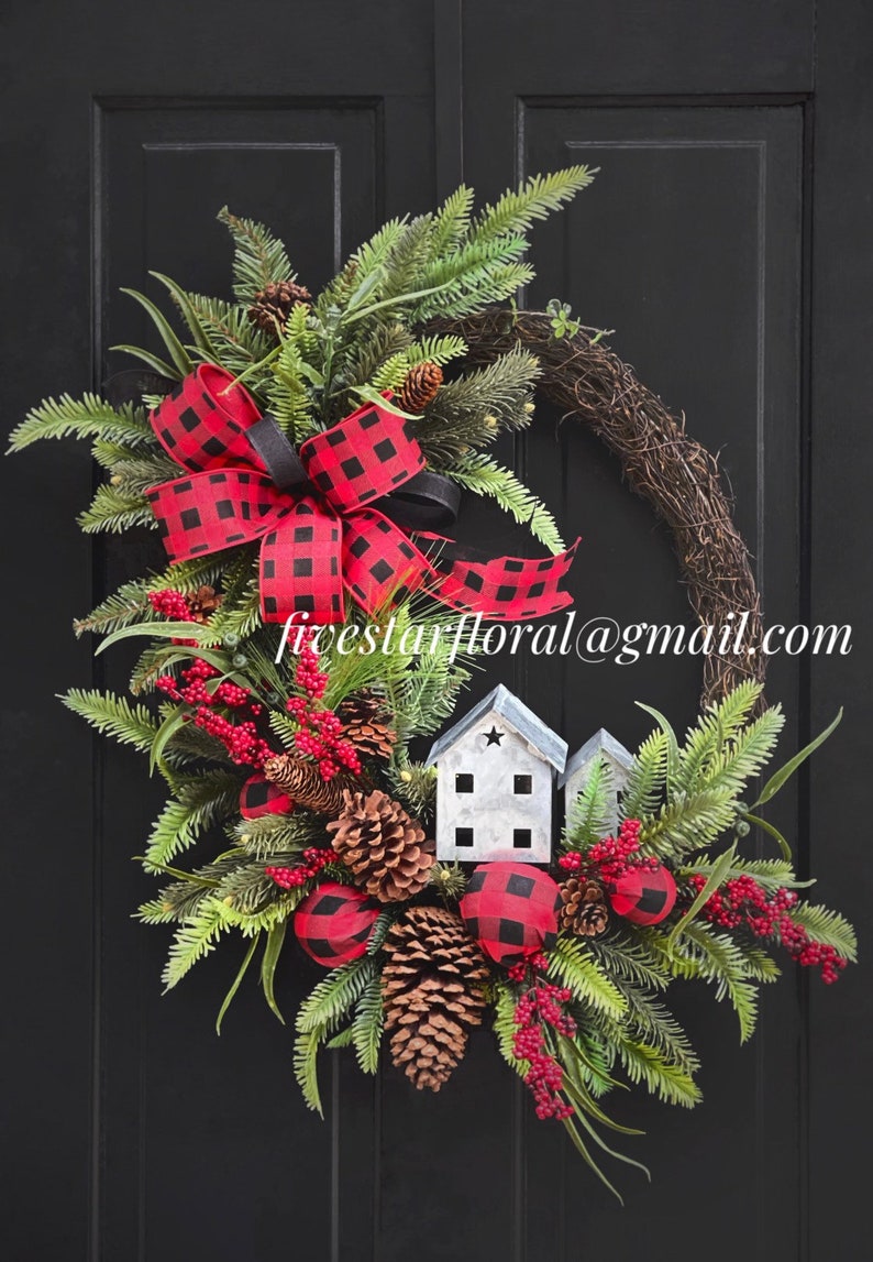 Christmas Wreath for Front Door, Buffalo Plaid Christmas Decor, Wreaths, Winter Wreath, Holiday Wreath, Housewarming Gift, Gifts image 6