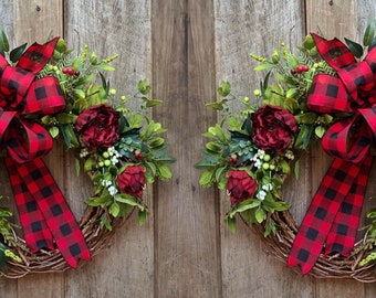 Double Door Christmas Wreaths, Farmhouse Decor, Buffalo Check Bow, Plaid Ribbon, Home Decor, Housewarming Gift, Holiday Decorations, Wreaths