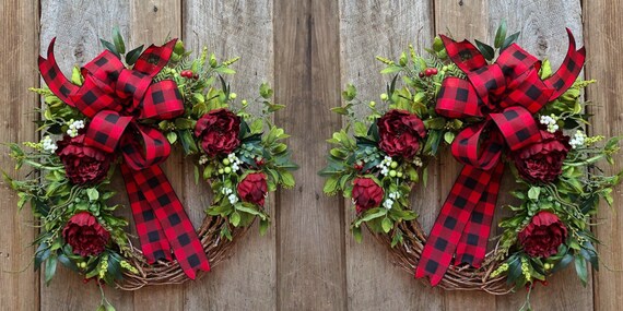 Double Door Christmas Wreaths Farmhouse Decor Buffalo Check Etsy