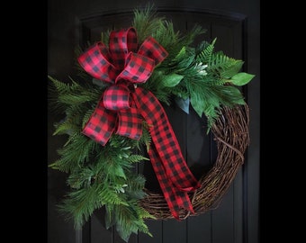 Christmas Wreath for Front Door, Farmhouse Christmas, Winter Wreath, Buffalo Plaid Christmas, Holiday Wreath, Gifts, For Her, Rustic