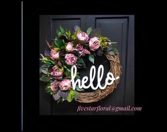 Fall Wreaths for front Door, Autumn Wreath, Hello Sign, Peony Wreath, Peonies, Shabby Chic Decor, Rustic, Country, Housewarming Gift, Etsy