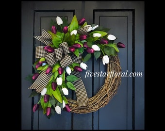 Coronas de tulipanes para puerta de entrada, corona de primavera, corona de Pascua, coronas para puerta de entrada, corona de vid, Día de la Madre, tulipanes de primavera, coronas