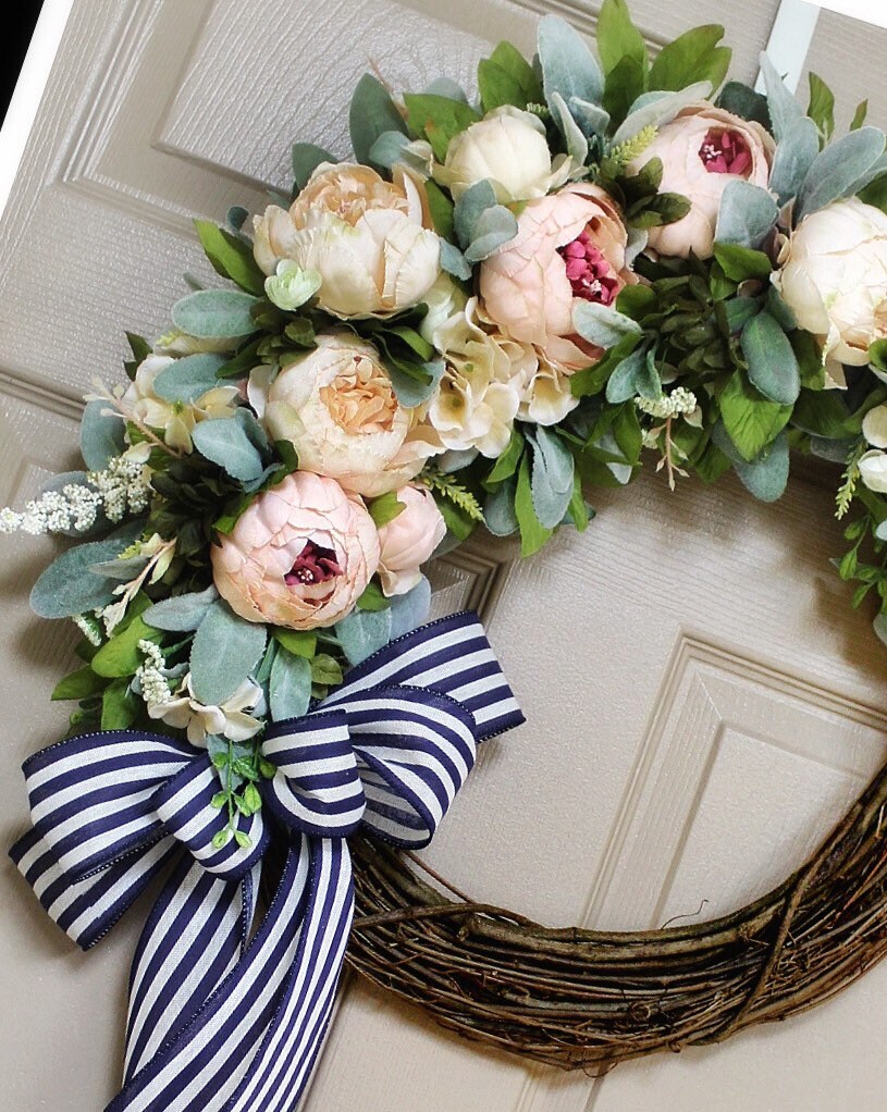Spring Front Door Wreaths with Peony and Lambs Ear Spring | Etsy