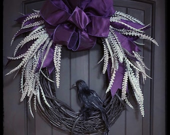 Halloween Wreath, Halloween Decoration, Gothic Home Decor, Halloween Door Decoration, Goth, Porch Decor, Bird Wreath, Party Decor, Purple