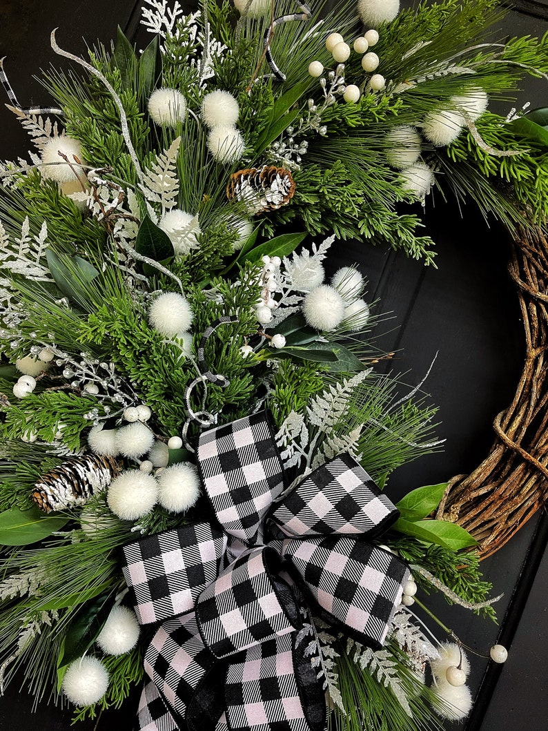 Christmas Wreath for Front Door, Farmhouse Christmas, Winter Wreath, Buffalo Plaid Christmas, Holiday Wreath, Gifts, For Her, Rustic image 2