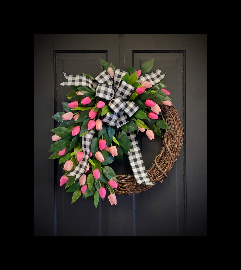 Tulip Wreaths for Front Door Spring Wreath Easter Wreath image 1