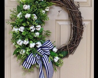 Front Door Wreaths, Cotton Wreath, Spring Wreaths, Grapevine, Cotton Boll, Farmhouse, With Bow, Etsy Wreath, Birthday Gifts, New Home, Decor