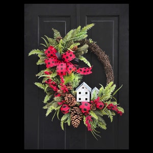 Christmas Wreath for Front Door, Buffalo Plaid Christmas Decor, Wreaths, Winter Wreath, Holiday Wreath, Housewarming Gift, Gifts image 1