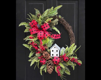 Christmas Wreath for Front Door, Buffalo Plaid Christmas Decor, Wreaths, Winter Wreath, Holiday Wreath, Housewarming Gift, Gifts