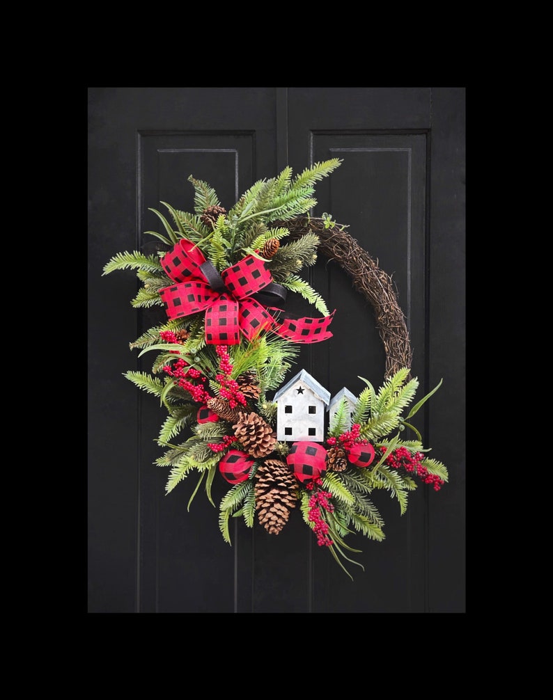 Christmas Wreath for Front Door, Buffalo Plaid Christmas Decor, Wreaths, Winter Wreath, Holiday Wreath, Housewarming Gift, Gifts image 1