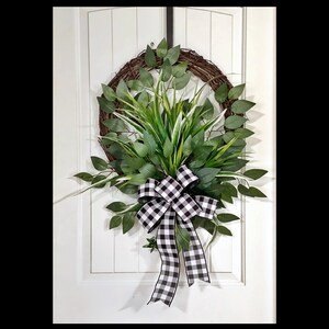 Front Door Wreaths, Everyday Wreath, For Year Round, Greenery Wreath, Plaid Bow, Rustic, Grapevine, Farmhouse, Country