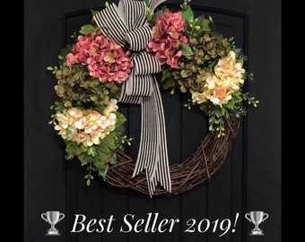 Spring Wreath for Front Door, Spring Wreaths, Hydrangea Wreath, Farmhouse Wreaths, Gift Ideas, Mothers Day, Easter, Housewarming Gift