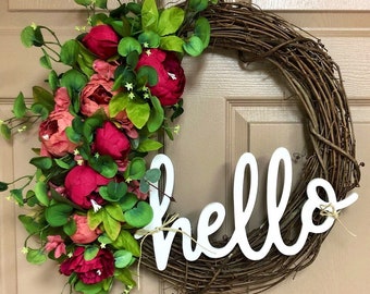 Spring Peony Wreath, Wreaths for Front Door, Hello Wreath, Peony, Peonies, Lambs Ear, Housewarming Gift, Birthday, Etsy Wreaths, Best Seller
