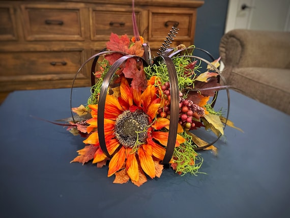 Fall Decor, Metal Pumpkin Centerpiece, Sunflowers, Fall Pumpkin Decor, Fireplace Decor, Mantle
