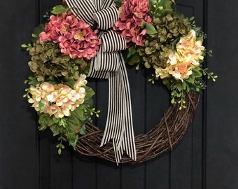 Wreath for Front Door, Spring Wreaths, Grapevine Wreath, Housewarming Gift, For Mom, New Home, Hydrangea, Rustic, Farmhouse decor, Summer