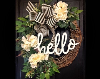 Spring Wreath for Front Door, Hydrangea Wreaths, Grapevine Wreath, Country, Shabby Chic, Home Decor, Housewarming Gifts, For Her