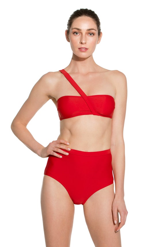 red bathing suit high waisted